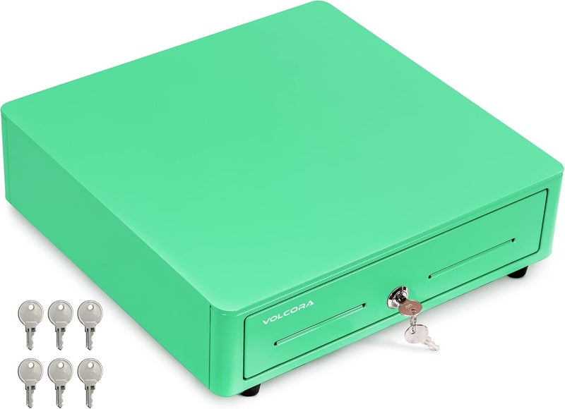 Volcora Cash Register Drawer for (POS) Point of Sale System with Round Corner 13", Removable Coin Tray, 4 Bill/5 Coin, 12-24V, RJ11/RJ12 Key-Lock, Media Slot,Cash Till, for Business, Green - Image 1